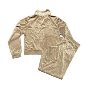 VTG BCBGMaxazria Women Beige Tan Velour Velvet Workout Tracksuit Set Size L Y2K